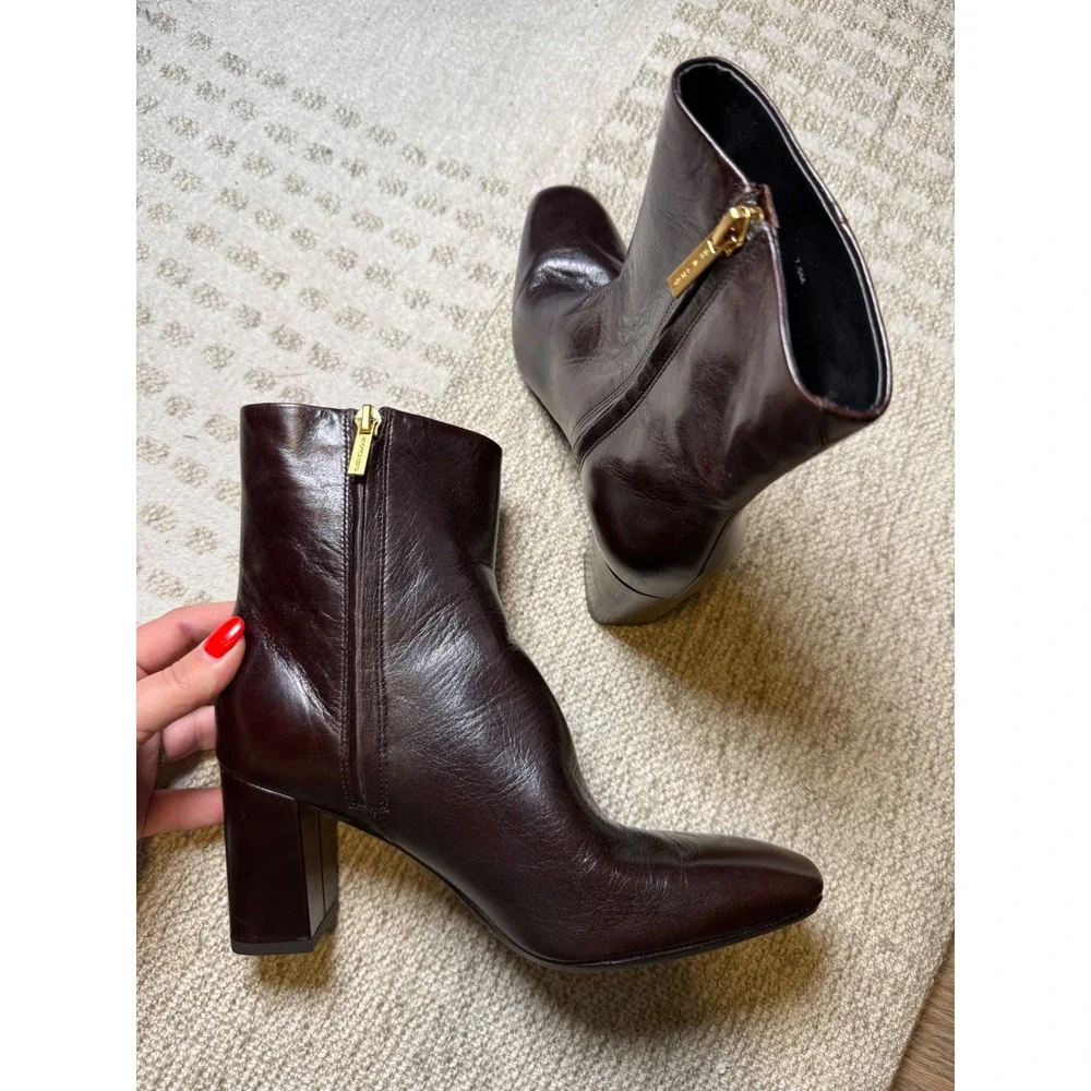 Veronica Beard Womens Burgundy Leather Square Toe Block Heel Ankle Boots 7.5M